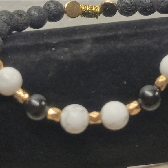 Gold, Black Lava, White Howlite, and Black Obsidian Bracelet - Picture 5 of 7